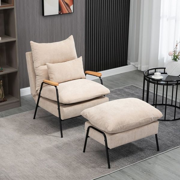 HOMCOM Relaxsessel Polstersessel mit Hocker, Polsterstuhl mit Liegefunktion (Loungesessel mit Kissen, 2-St, TV-Sessel für Schlafzimmer, Wohnzimmer), 68 x 91,5 x 88 cm, Beige