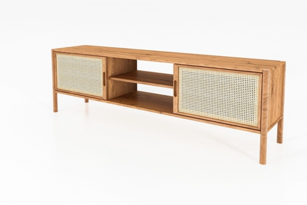 TV-Board Zola Wildeiche massiv und Rattan 204x64 cm mit 2 Drehtüren