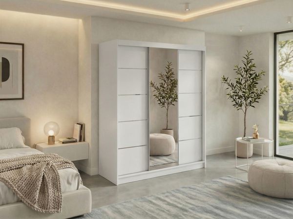 Schwebetürenschrank SKORIA mit großer Spiegelfront, Breite 180 cm, moderner Kleiderschrank, inkl. Innenausstattung und Stauraum - Weiß - mit Schubladen