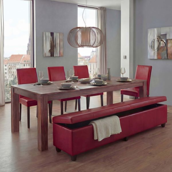 Garnitur Sitzgruppe Bank mit Aufbewahrung Kriens XXL+4 Stühle Littau, Kunstleder/Leder FSC®-zertifiziert ~ rot