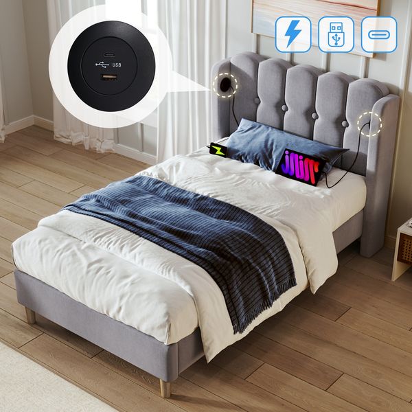 Polsterbett Einzelbett mit USB Typ C Ladefunktion, Bettgestell mit Lattenrost , Gepolstertes bett in Grau,90x200 cm Bettrahmen Jugendbett für Schlafzimmer Gästezimmer-Leinenmaterial