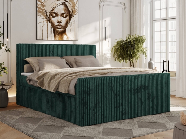 Boxspringbett, Doppelbett mit zwei Bettkästen und hohem Kopfteil aus Cordstoff - TILIANO DUO - 200 x 200 cm - Dunkelgrün Cord - H3