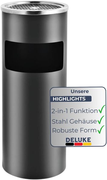 Runder Standaschenbecher für Draußen 30L - 25x61cm Stahl | Mülleimer mit Aschenbecher Abfalleimer mit Inneneimer Standascher Outdoor, Grau
