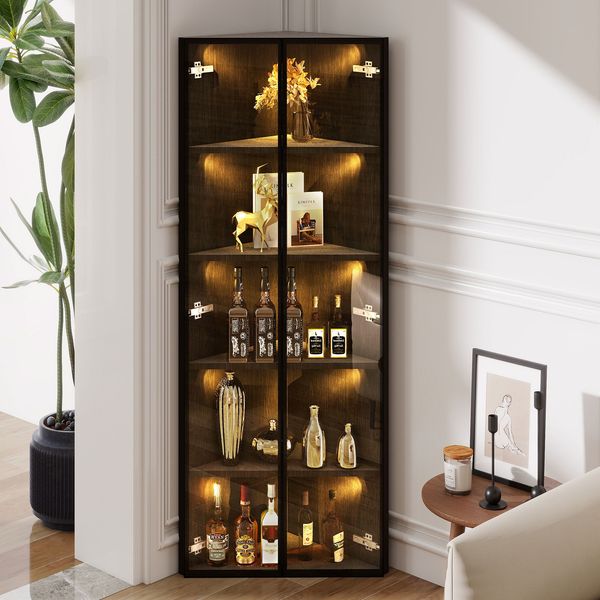 Merax 160cm LED-Glasvitrine, Eckschrank, Bücherregal, Weinschrank, Badezimmerschrank mit integrierten Lichtleisten, Staubgeschützte Vitrine aus gehärtetem Glas–Schwarz