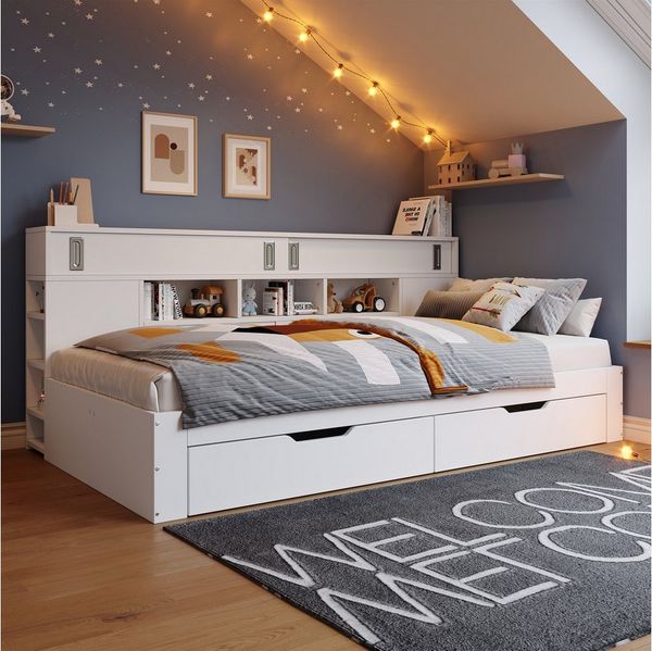 Odikalo Daybett Schlafsofa Stauraumbett Holzbett Schubladen Regale 90/140x200cm Weiß