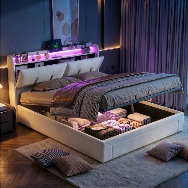 PXloue Polsterbett LED Doppelbett, Bettkasten, Ladefunktion, Samt, 160x200 cm