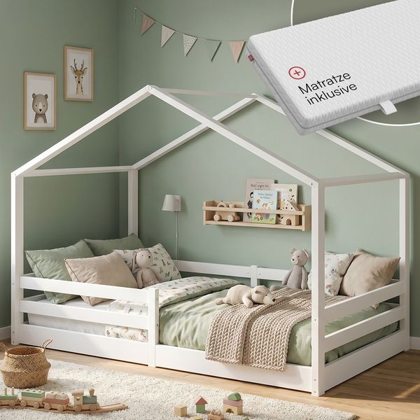 Bellabino 'Abia' Hausbett 120x200 cm mit Matratze, weiß, Kiefer Massivholz, Bodenbett in Hausoptik, Montessori Kinderbett mit Rausfallschutz und Lattenrost