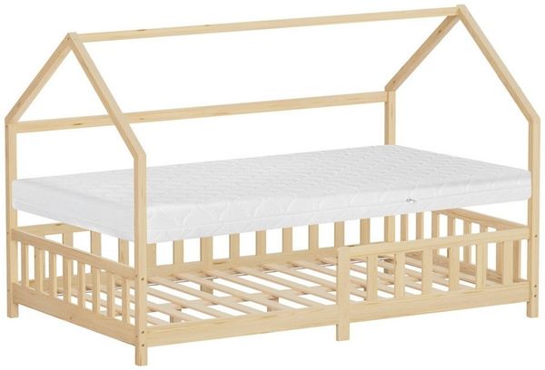 ML-DESIGN Spielbett Hausbett Kinderbett inkl. Lattenrost kreativ Bodenbett für Kinder, Abenteuerbett mit Matratze H-16 cm 120x200 cm Holzbett Bettgestell
