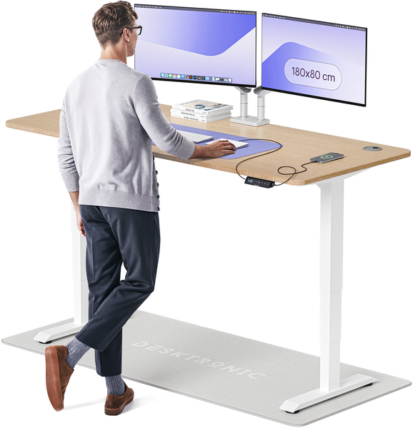 Desktronic HomePro Elektrisch höhenverstellbarer Schreibtisch 180x80cm Bambus/Weiß mit Memory-Funktion, Anti-Kollisions Technologie, USB-A und USB-C-Ladeanschlüssen