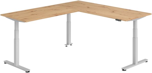 bümö Eckschreibtisch elektrisch höhenverstellbar L-Form: 200 x 240 cm in Asteiche, Gestell silber - Stehschreibtisch mit Memory-Steuerung, elektrischer XXL Schreibtisch für die Ecke, XDSMW-2016-R-S