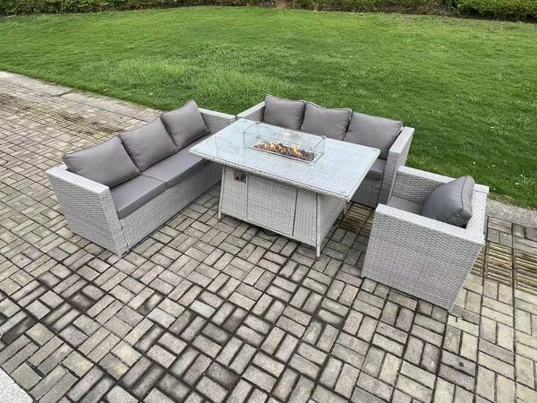Fimous 7-Sitzer Polyrattan Gartenmöbel Set mit 2 Sofa; Gas Feuertisch und Sessel Outdoor Terrassen Essgruppe Helles Grau