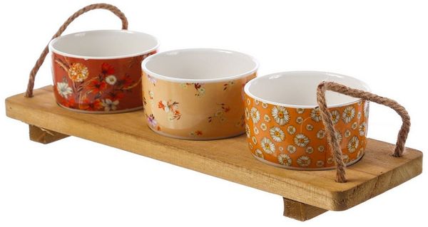 MARELIDA Servier-Set Tapas Set Servierset Servierplatte mit 3 Schalen Dipschalen Fingerfood, Holz, (4-tlg)