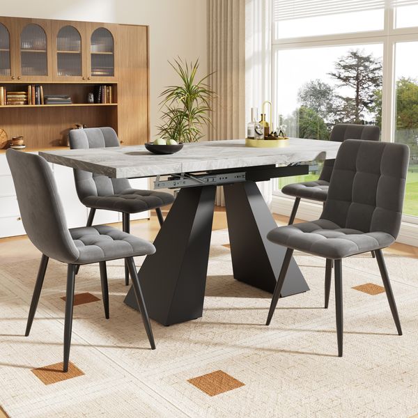 Essgruppe mit ausziehbarem MDF-Tisch & 4 Samtstühlen, 99-159x74x77 cm, Schwarz/Grau