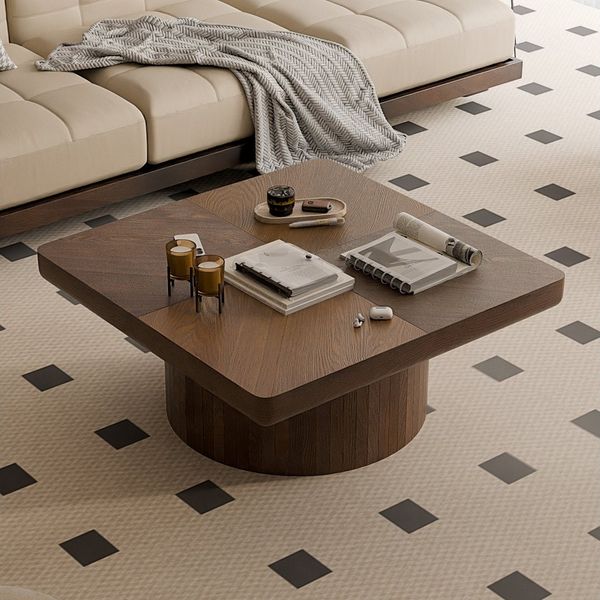 Celya Couchtisch Quadratische Tischplatte, 78 cm, moderne Tischplatte aus Holzfurnier (zylindrischer Sockel, verdickte Tischplatte, Einfach zu montieren), Geeignet für das Wohnzimmer