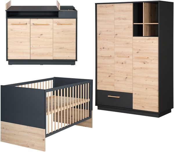 roba Kinderzimmerset 'Lenn' 3-teilig - Bett 70 x 140 - Kleiderschrank 3-türig - Anthrazit / Artisan Eiche