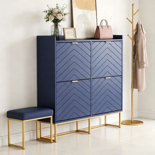 UEV Schuhschrank mit 4 Klappen, Schuhkipper Schmal, Schuhregal mit Metallfüße weiß (Packung, Modern Schuhaufbewahrung mit Oberplatte Schuhkommode mit Kippsicherung) trennwände verstellbar und abnehmbar für verschiedene Schuhtypen