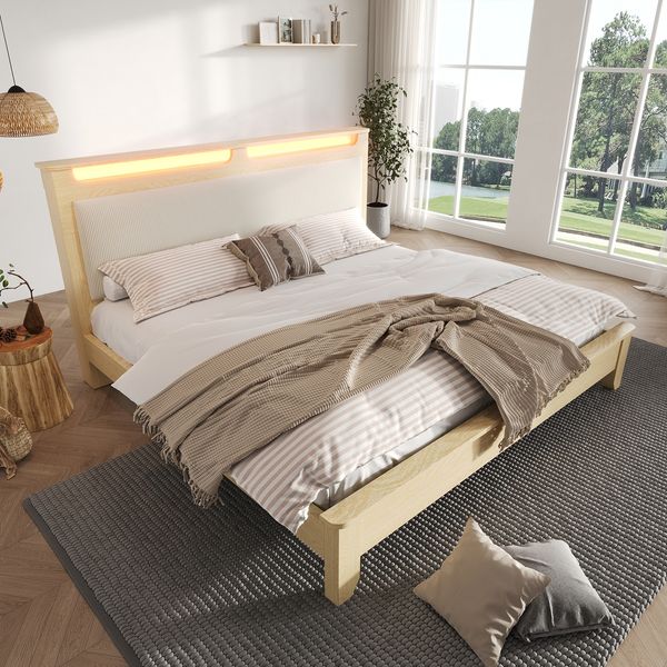 Polsterbett 140×200 cm mit LED-Kopfteilregal und Matratze, Eichefarben/Beige
