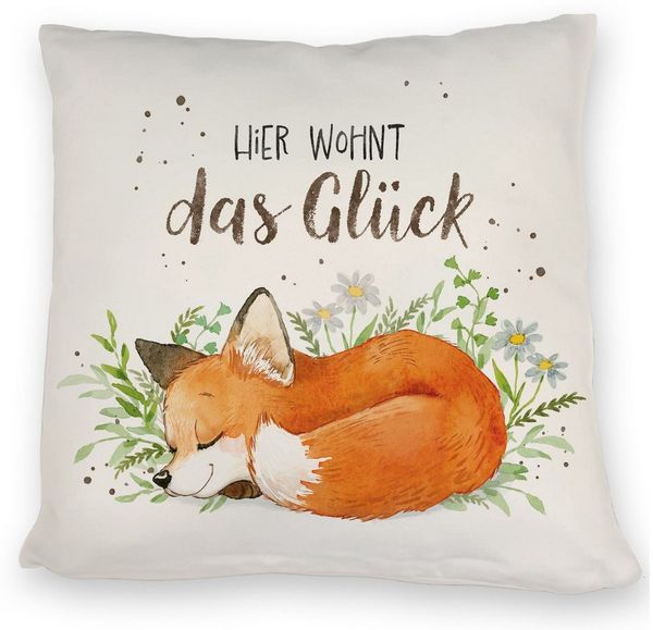 speecheese Dekokissen Hier wohnt das Glück Kissen mit Fuchs im Aquarell-Stil