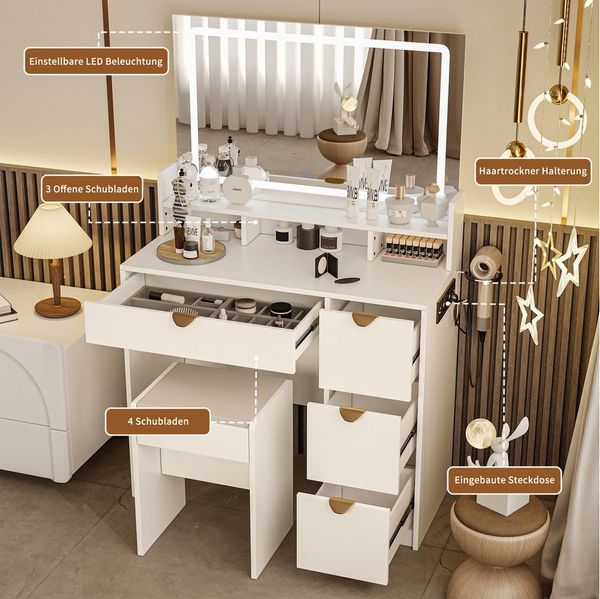 FUROKOY Schminktisch Modern Kosmetiktisch (Schminktisch mit Spiegel, 4 Schubladen und Offenen Regalen), Frisiertisch Holz mit gepolsterter Hocker, Weiß