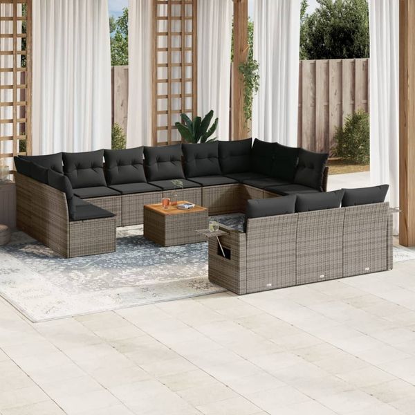 vidaXL 14-tlg. Garten-Sofagarnitur mit Kissen Grau Poly Rattan 3224807
