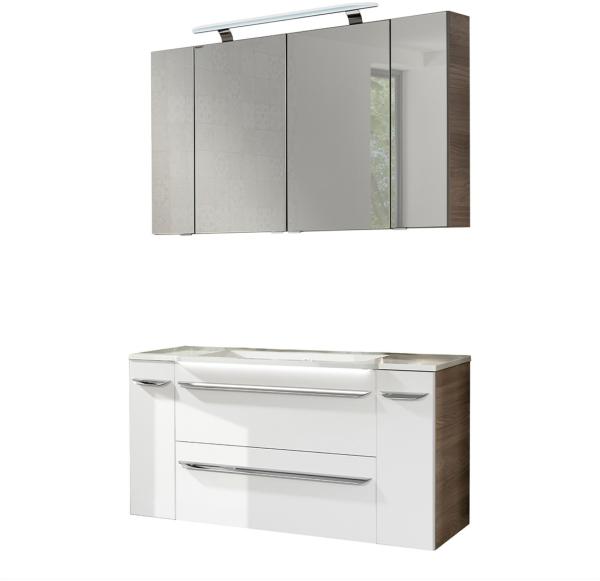 Fackelmann LUXOR Badmöbel Set 7-teilig 120 cm, Braun/Weiß + LED-Spiegelschrank + Schränke verspiegelt + Unterschränke