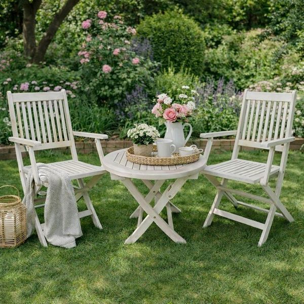 Bistro Set Gartentisch Beistelltisch Gartenstuhl Klappstuhl Akazie Stuhlset Weiß