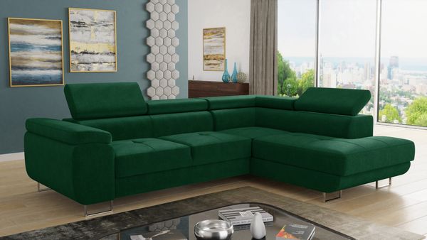 Ecksofa Caris mit Schlaffunktion, Bettkasten und einstellbare Kopfstützen (Grün (Kronos 19), Ecksofa Rechts)