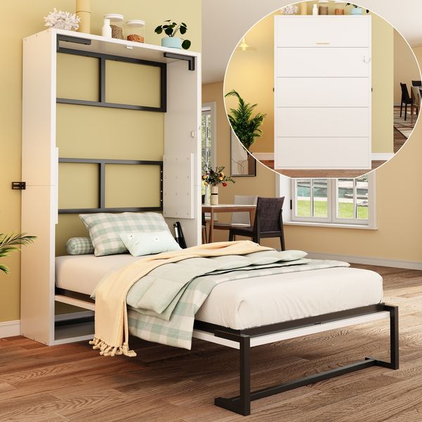 Murphy-Bett, Metallrahmen-Wandklappbett, Faltbett 90*200 Kombination aus Metallrahmen und Holzplatte, mit verriegelbarer Wandbefestigung, robust und leise, multifunktionales Bett