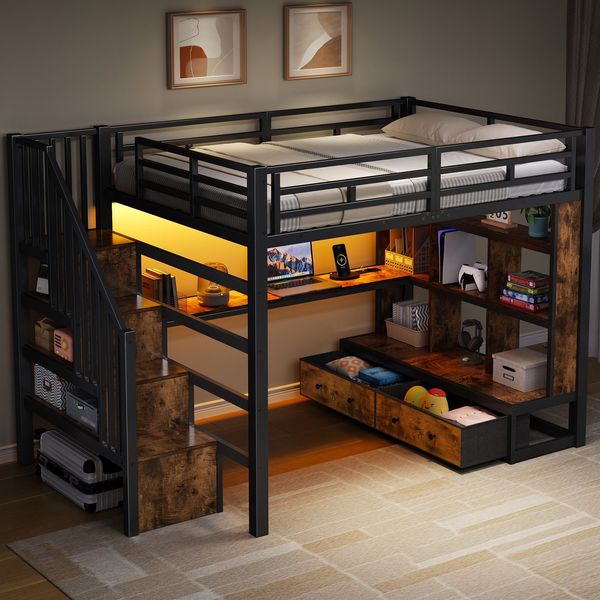 Hochbett mit RGB LED-Streifen, Schreibtisch, Regal, Lattenrost, Treppe und Schubladen, 140x200 cm, Kinderbett mit Rausfallschutz, Metallbett