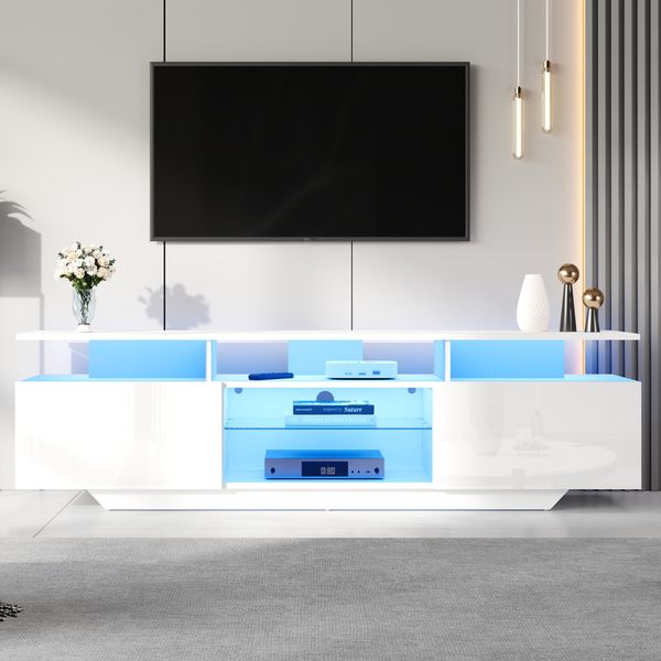 TV-Schrank Weiß Hochglanz, 160x40x45 cm für TV bis 70 Zoll, mit App-LED & 8 Ablageflächen