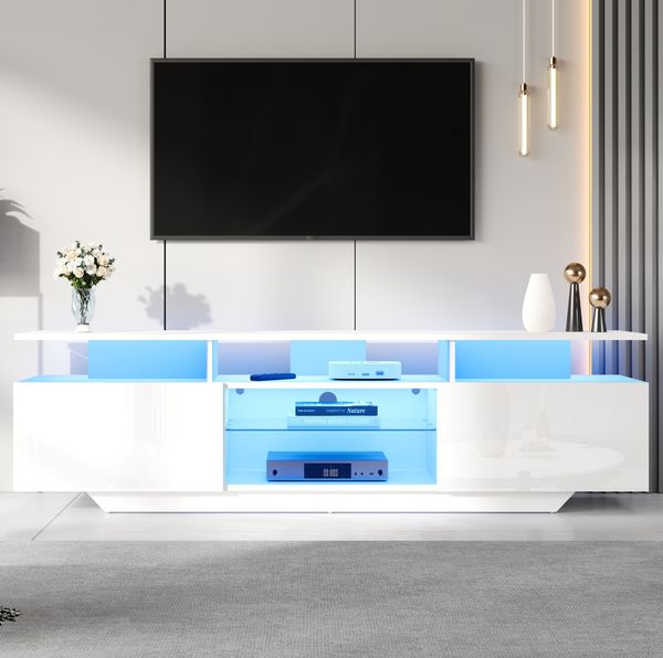 TV-Schrank Weiß Hochglanz, 160x40x45 cm für TV bis 70 Zoll, mit App-LED & 8 Ablageflächen