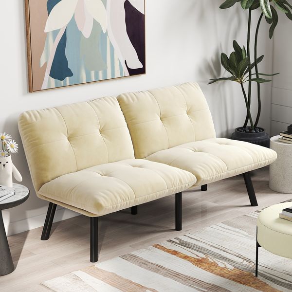 Schlafsofa, Samt mit Schlaffunktion & Metallrahmen, 160×81×78, Creme