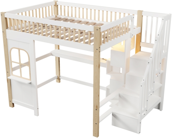 Merax Hochbett, Kinderbett 140x200cm, Doppelbett Mit LED-Leuchten, Fensterform, Ablageleiter, offenem Staufach, Schreibtisch, Steckdose, ohne Matratze, Weiß+Natur Bild 8