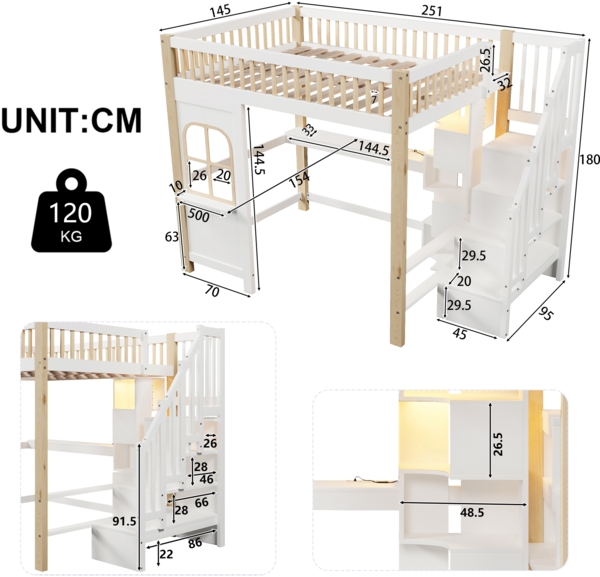 Merax Hochbett, Kinderbett 140x200cm, Doppelbett Mit LED-Leuchten, Fensterform, Ablageleiter, offenem Staufach, Schreibtisch, Steckdose, ohne Matratze, Weiß+Natur Bild 4