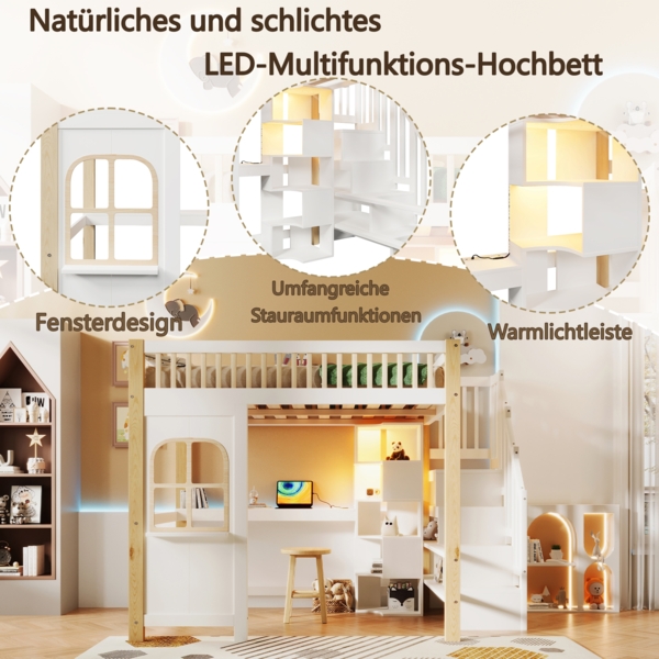 Merax Hochbett, Kinderbett 140x200cm, Doppelbett Mit LED-Leuchten, Fensterform, Ablageleiter, offenem Staufach, Schreibtisch, Steckdose, ohne Matratze, Weiß+Natur Bild 5
