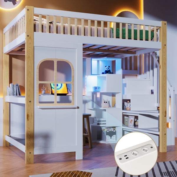 Merax Hochbett, Kinderbett 140x200cm, Doppelbett Mit LED-Leuchten, Fensterform, Ablageleiter, offenem Staufach, Schreibtisch, Steckdose, ohne Matratze, Weiß+Natur Bild 7