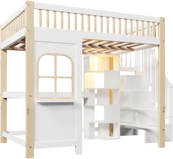 Merax Hochbett, Kinderbett 140x200cm, Doppelbett Mit LED-Leuchten, Fensterform, Ablageleiter, offenem Staufach, Schreibtisch, Steckdose, ohne Matratze, Weiß+Natur Bild 9