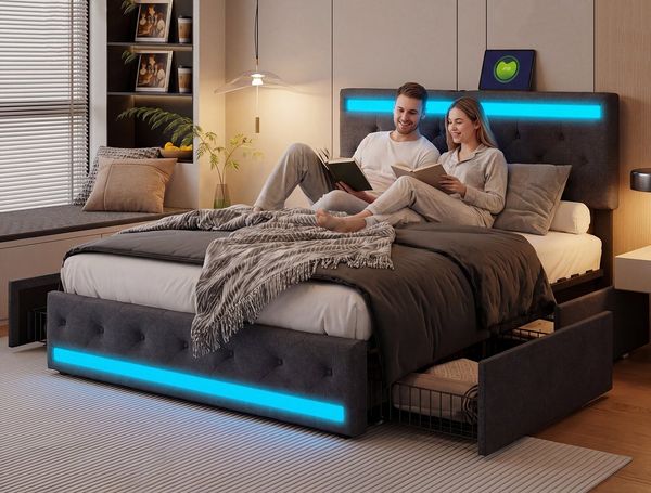 ADWOLT Stauraumbett Doppelbett Polsterbett mit Schubladen (Bettgestell, 1-tlg, 160x200 cm,Jugendbett Mit Kopfteil und Lattenrost,mit USB und Type-C), LED-Beleuchtung,Schubladen mit Rädern,Leinenmaterial,Grau