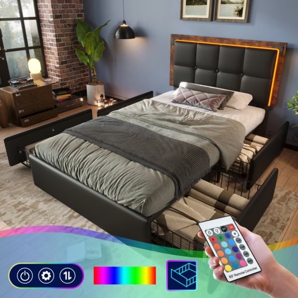 Einzelbett 90x200 cm mit LED-Beleuchtung, 4 Schubladen, höhenverstellbares Kopfteil, Luxus-Kunstleder Schwarz