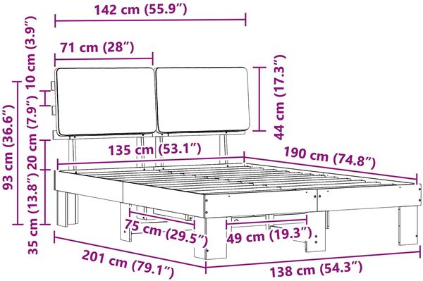 vidaXL Bettgestell mit gepolstertem Kopfteil Hellgrau 135 x 190 cm 877363 Bild 11