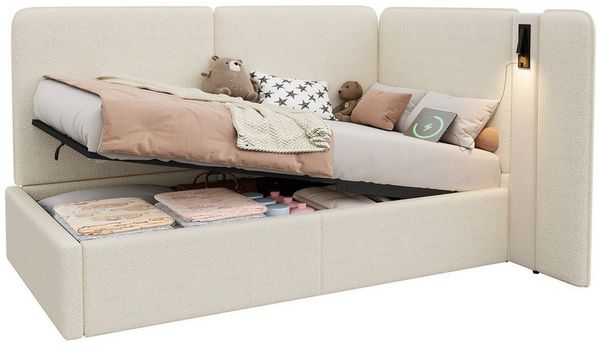 REDOM Polsterbett 90x200 cm mit USB- und Type-C-Anschlüssen (Packung, 1-tlg, Hydraulik-Stauraum, Leselampe inklusive, als Tagesbett), Ideal als Sofabett & Gästebett mit Komfort(ohne Matratze)