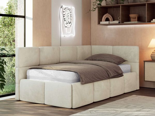Jugendbett 90x200 ARVO Polsterbett mit Bettkasten, Stauraum & Gasdruckfeder, Modernes Design mit Kopfteil, Pocket Matratze - Beige Velvet - VIRE LUX - Rechts Seite