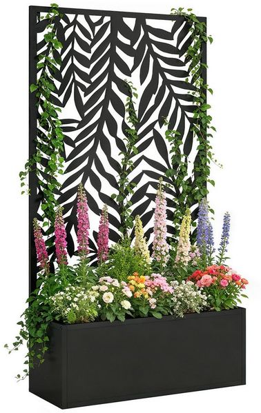 MC Star Blumenkasten Blumenkasten mit Sichtschutz Pflanzkasten (mit Rankgitter tropischen Blattmotiven 61 x 23 x 113 cm Schwarz)