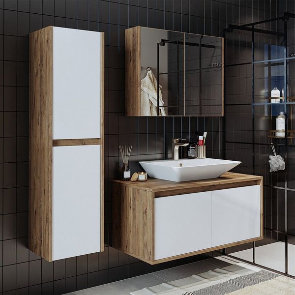 Roomart Badmöbel-Set ATLANTIC 100 cm 4-tlg, Hochschrank, Keramikbecken, 5 Farben, (Komplett-Set, Badmöbel Set, Unterschrank, Waschbecken, Spiegelschrank, Hochschrank), Soft-Close, Wandmontage, Hochschrank, Waschbecken, 5 Farben