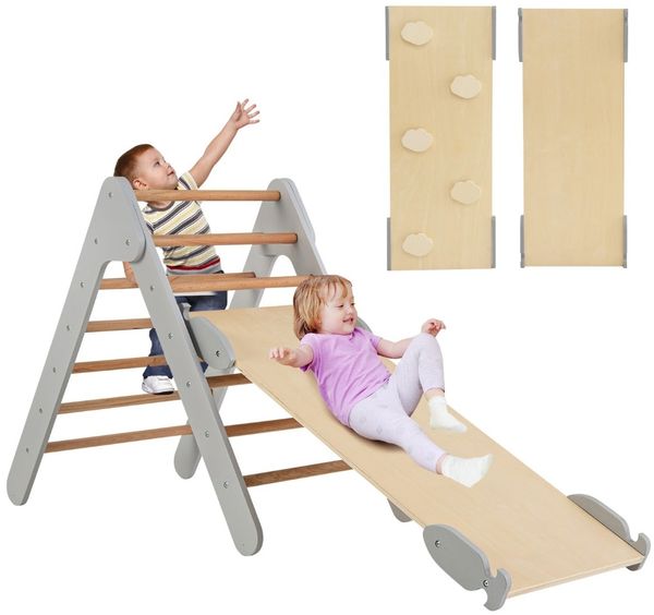 Kletterdreieck mit Rutsche Klettergerüst Indoor ab 1 Jahr Sprossendreieck Kletterrampe aus Holz Grau