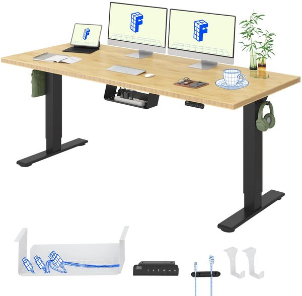FLEXISPOT Höhenverstellbarer Schreibtisch mit 2 Motoren und einteiliger Tischplatte – Ergonomischer Bürotisch, 180x80 cm, Bambus-Tischplatte (19 mm), schwarzes Gestell