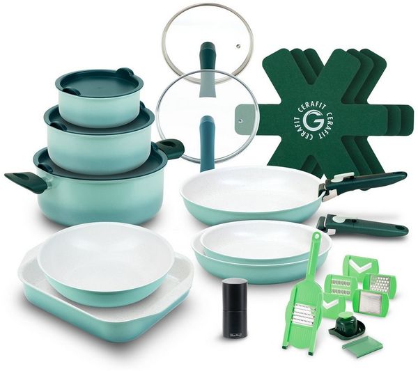 Genius Pfannen-Set Cerafit Revolution Vario Kochgeschirr, (27-teiliges - Set, All-in-One Kochset für maximale Vielseitigkeit), Platzsparend stapelbar mit abnehmbaren Griffen