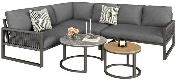 REDOM Gartenlounge-Set Modernes Gartenmöbelset,mit verzinktem Eisengestell, (für 6-7 Personen, wetterfestes Ecksofa mit 2 Tischen, ergonomische Sitzkissen, verzinktes Eisengestell, 5-tlg), mit Relaxfunktion