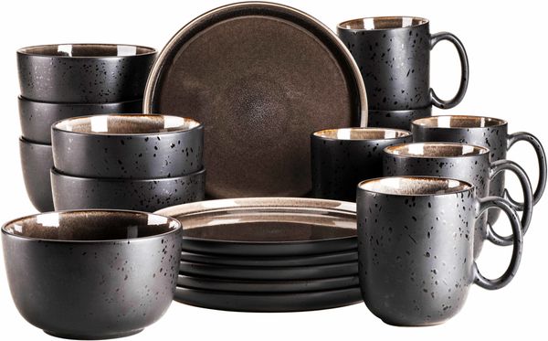 Modernes Geschirr Set für 6 Personen in aufregendem Vintage Look, 18-teiliges Frühstücksgeschirr Service aus Keramik in Grau und Schwarz