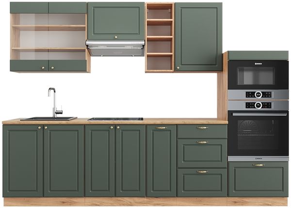 Küchenzeile Fame-Line Grün-Gold Landhaus/Goldkraft Eiche 280 cm , AP Eiche Vicco